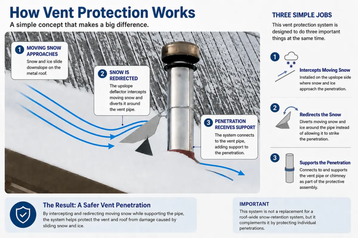 Diagram showing how VentSaver redirects sliding snow and ice around a vent pipe while supporting the penetration