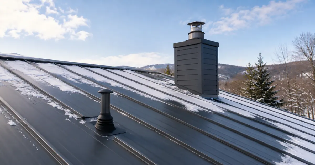Standing seam metal roof with light snow, a vent stack and a chimney